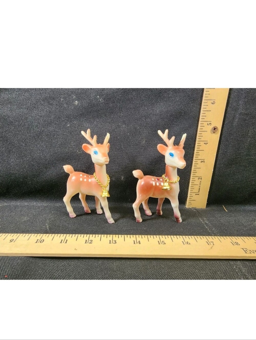 Antique Christmas Decor Rubber Blue Eye Reindeer Lot w/Antlers OG Bells 5in